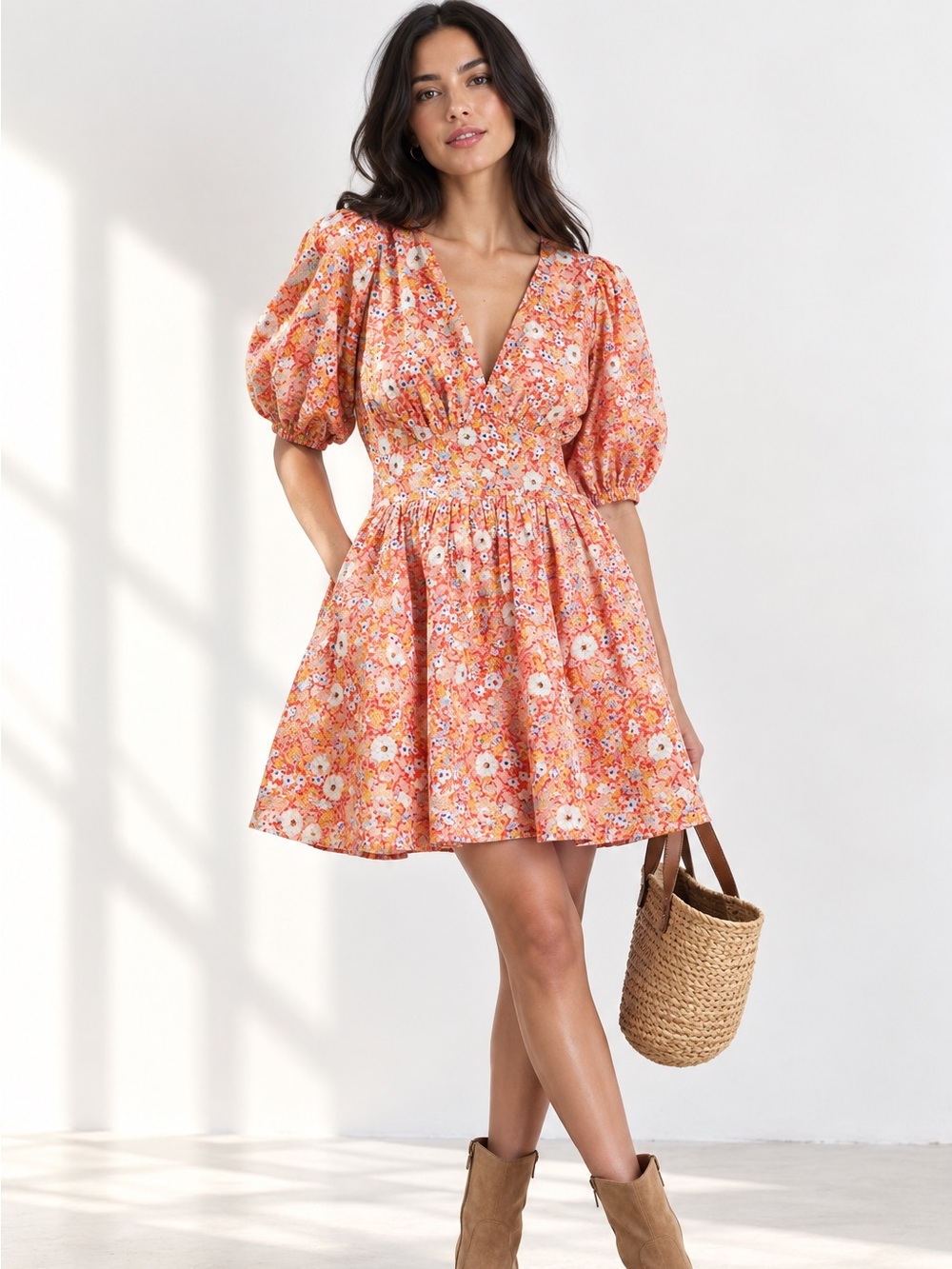 Trovata Gia Autumn Fields Floral Puff Sleeve Cotton Mini Dress XS